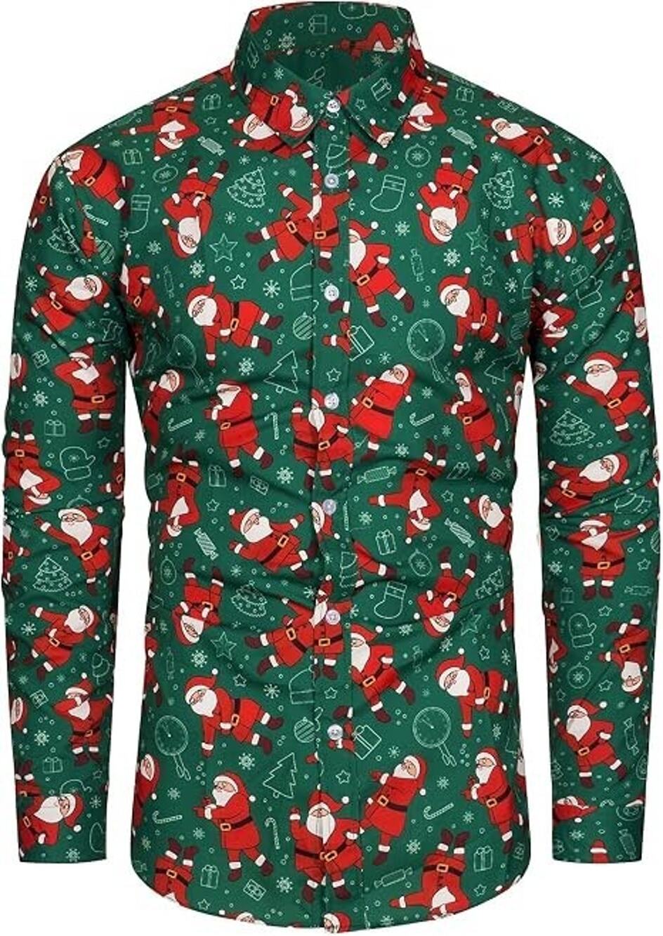 TUNEVUSE Holiday Season Santa Claus Long Sleeve Button Down Shirt